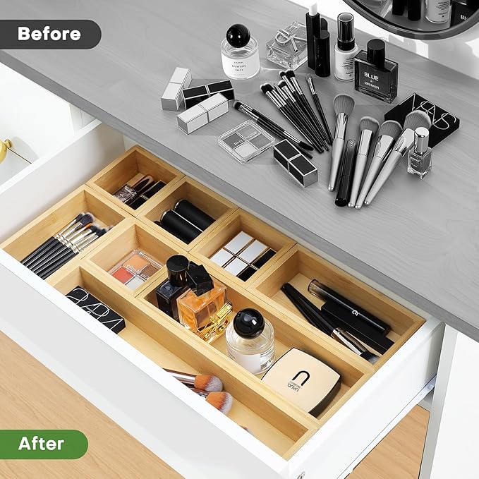 Bamboo Drawer Organizer Set, 9 PCS Multi-Use Individual Wood Storage Organizers, Junk Drawer Divider and Storage Trays Containers for Kitchen, Bathroom, Office Desk, Makeup, Jewelry, Utensils-Ruum Studio Home