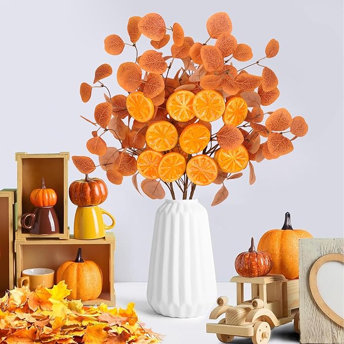 Eucalyptus Stems, 4PCS Artificial Lemon Stems Faux Citrus Branches Plastic Decor for Kitchen, Table Centerpieces, Entryway, Thanksgiving Wedding Party (Orange)-Ruum Studio Home