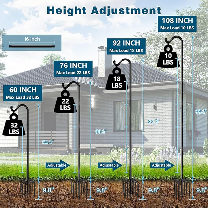 Gtongoko Adjustable Shepherds Hooks for Outdoor 76 Inch Bird Feeder Pole with 7 Prongs Base, 3/4 Inch Thick Heavy Duty for Hanging Bird Feeder, Plant Baskets,1 Pack-Ruum Studio Home