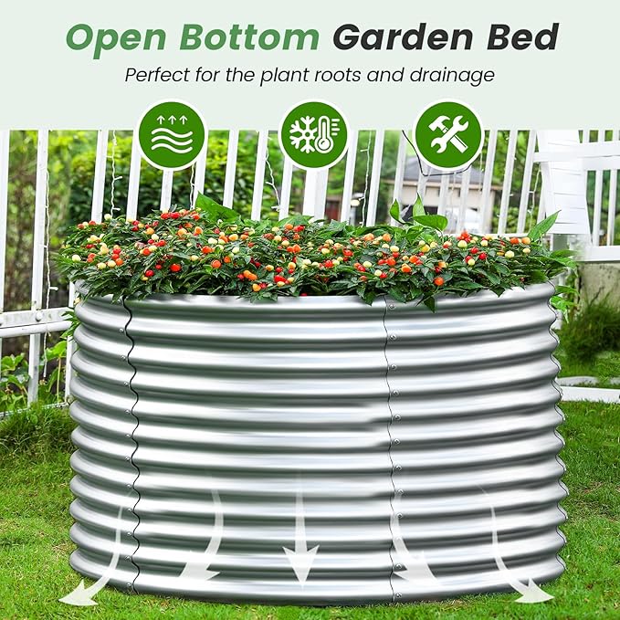 Land Guard 4×4×3ft Galvanized Raised Garden Bed Kit, Round Galvanized Planter Raised Garden Boxes Outdoor, Large Metal Raised Garden Beds for Vegetables, Silver-Ruum Studio Home