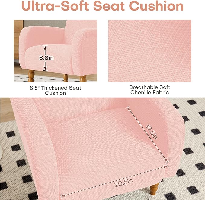 Chenille Fabric Accent Chair Set of 2, Upholstered Armchair with Solid Wood Legs, Modern Living Room Accent Chair, Comfy Single Sofa Chair Reading Club Chair for Bedroom Reception Lounge,Pink-Ruum Studio Home