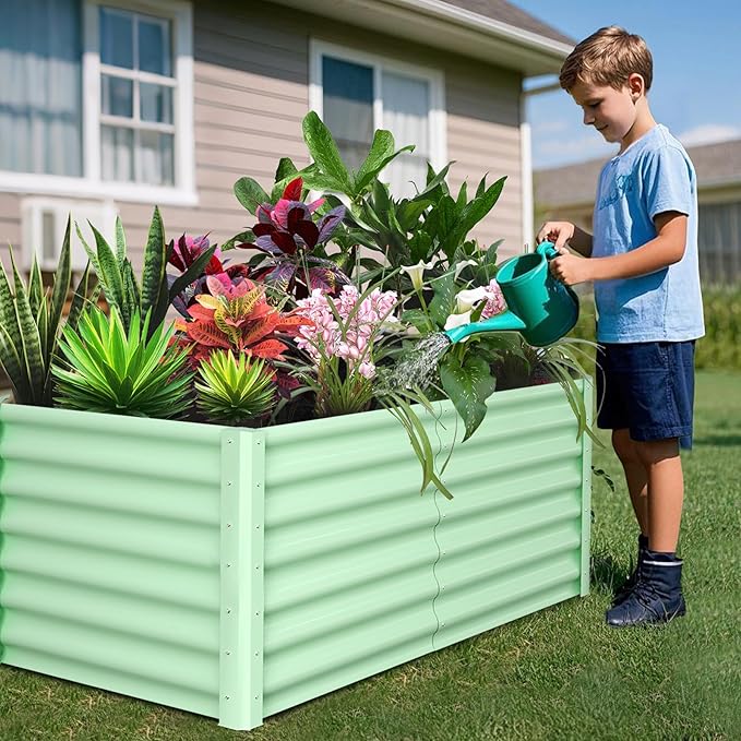 Galvanized Raised Garden Bed Outdoor, 2 Pcs 6x3x2FT Outdoor Large Planter Raised Beds Open Base with Safety Edge and Glove for Vegetables Flowers Ground Planter, Green-Ruum Studio Home