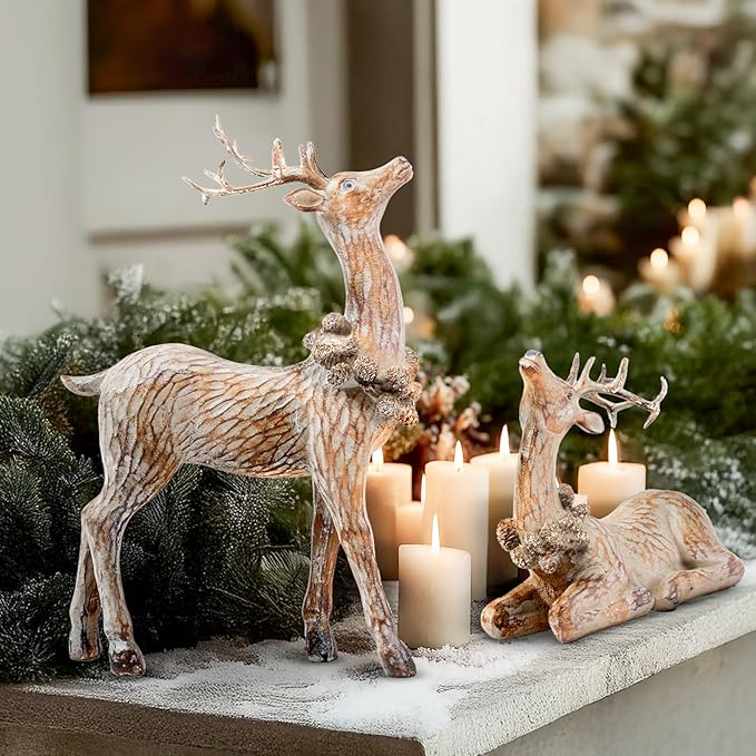 DN DECONATION 2pcs Reindeer Christmas Figurines, Tabletop Reindeer Small Christmas Decor, Brown Resin Deer Statue, Holiday Home Décor Accents for Xmas Office Living Room & Bedroom Decorations-Ruum Studio Home