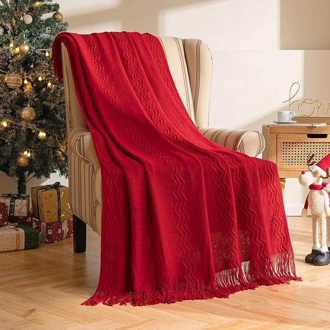 MIULEE Red Knitted Throw Blanket for Couch Boho Textured Cozy Woven Blanket with Tassels for Sofa Chair Bed Living Room Acrylic Wave Pattern 50"x60"-Ruum Studio Home