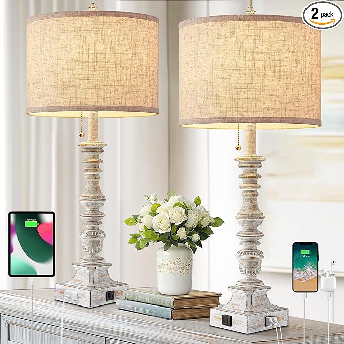 Set of 2 Farmhouse Table Lamps for Living Room, 29.5" Inch Tall Rustic Bedrooms Nightstand Table Lamp with USB-C & USB-A Charging + AC Outlet, Pull Chain Bedside Lamp for End Table, Antique White-Ruum Studio Home