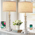 Set of 2 Farmhouse Table Lamps for Living Room, 29.5" Inch Tall Rustic Bedrooms Nightstand Table Lamp with USB-C & USB-A Charging + AC Outlet, Pull Chain Bedside Lamp for End Table, Antique White-Ruum Studio Home