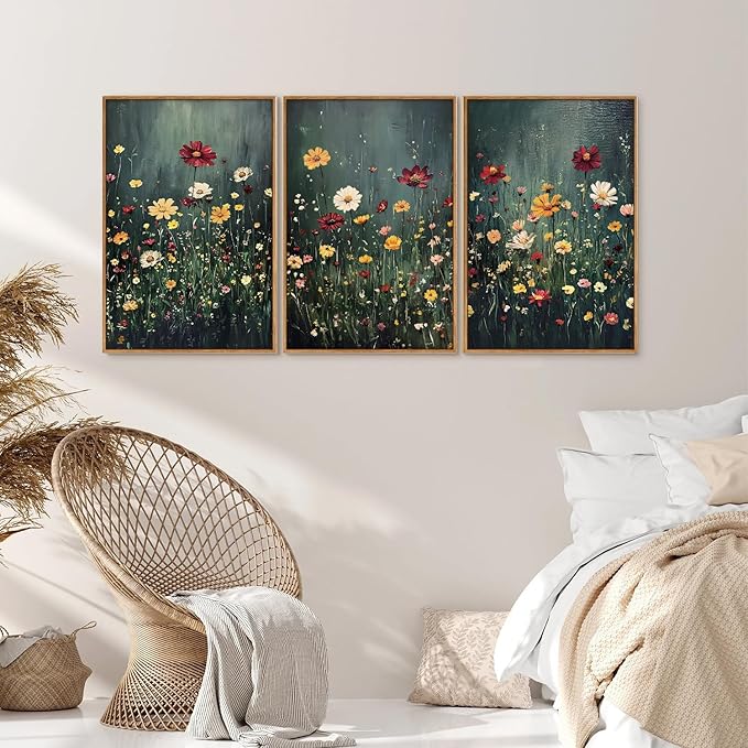 SIGNINART Vintage Floral Framed Canvas Wall Art, Dark Moody Wildflowers Wall Decor, Boho Abstract Flowers Artwork, Colorful Botanical Aestheticrt Art Paintings for Bedroom Living Room Office 16"x24"x3-Ruum Studio Home