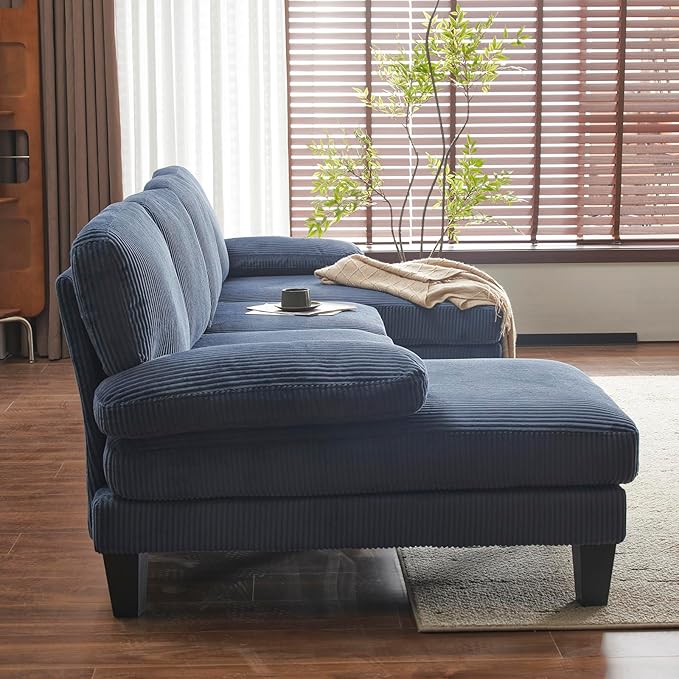 Karl home U-Shape Sectional Sofa Couch 111" Modern 4-Seat Sofa with Chaises Corduroy Fabric Upholstered Covertible Couch with Wood Grain Legs for Living Room, Reception Room, Apartment, Navy Blue-Ruum Studio Home