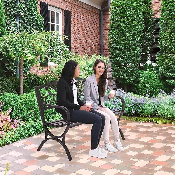 FDW Outdoor 50 Inches Garden Bench, Slatted Seat Armrests Floral Design Backres and Arch Legs, Perfect for Park, Yard, Porch, Lawn, Balcony, Backyard, Black-Ruum Studio Home