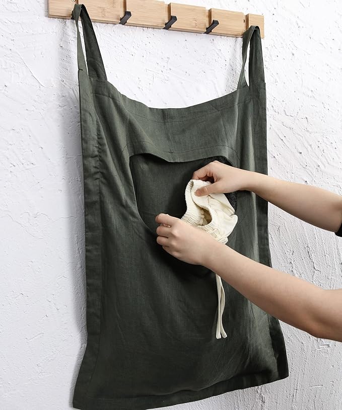 Amazhiyu 100% Linen Door Hanging Laundry Hamper Bag, 19x27 Inches Dusty Green-Ruum Studio Home