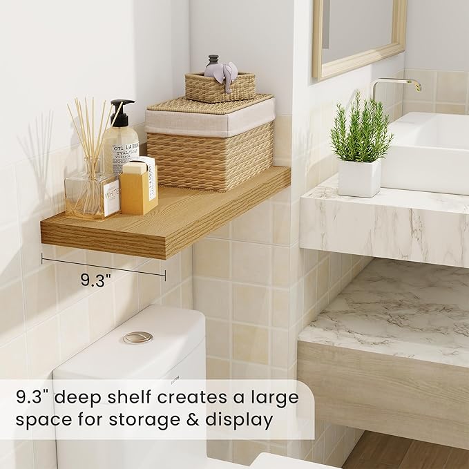 Fun Memories 24 Inch Floating Shelves for Wall, 9 Inch Deep Oak Rustic Wood Wall Mounted Shelves for Bathroom, Kitchen, Living Room, Set of 2-Ruum Studio Home