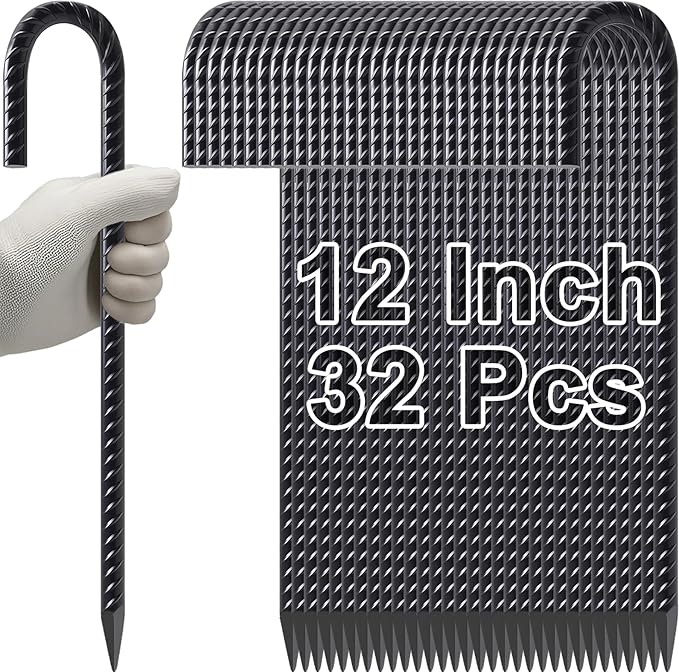 VVOKGO Rebar Stakes 12 Inches J Hook Heavy Duty Chain Link Fence Stakes, 32 Pcs Metal Long Tent Spikes Ground Anchors for Wire Fencing, Dogs Digging, Camping Tents, Swings, Greenhouse, Black-Ruum Studio Home