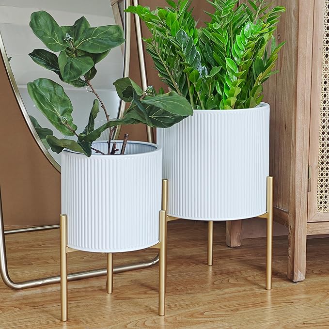 ARNIS Modern Planter Pots, Set of 2 Round Large Planters with Stand, Decorative Floor Planters, Metal Pots with Drainage Holes for Living Room, Office, Garden or Balcony, 8.25 &10.5 Inch, White & Gold-Ruum Studio Home