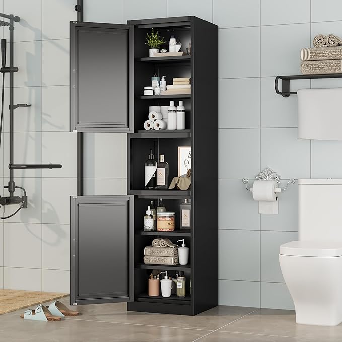Tall Narrow Storage Cabinet 66.93" H Tall Bathroom Cabinet Metal Pantry Cabinets, 4 Adjustable Shelves for Kitchen, Home Office, Living Room, Dinning Room (16 inches Wide Black)-Ruum Studio Home