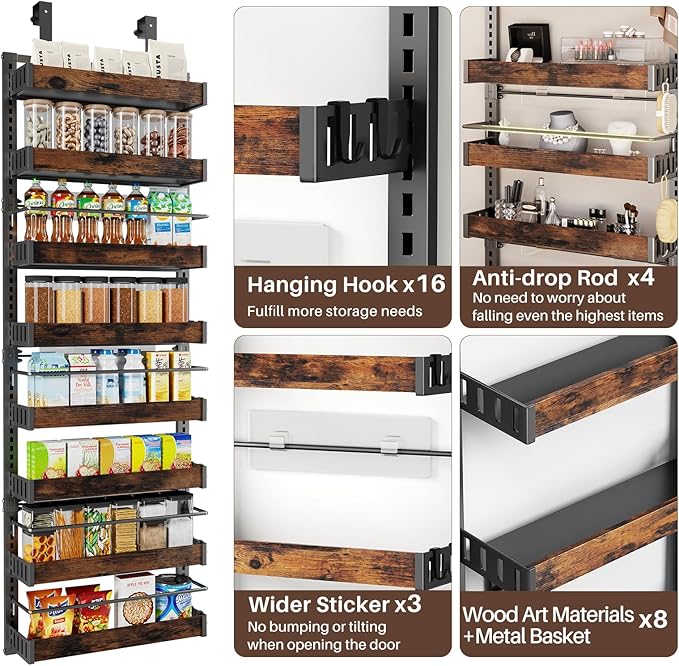 8 Tier Over The Door Pantry Organizer, 2 IN 1 Wall Mount or Metal Hanging Spice Rack for Pantry Organizers and Storage, Seasoning Shelves，Adjustable Basket with Hooks for Kitchen, Bathroom,Laundry-Ruum Studio Home