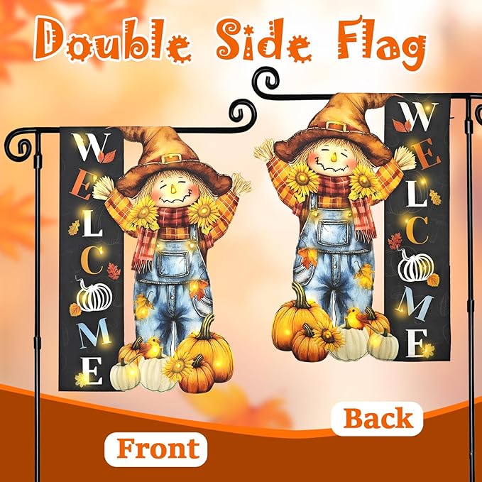 Thanksgiving Lighted Garden Flag, Solar Fall Outdoor Decor Yard Flag,8 Modes Led Scarecrow Flag,28x40 Double Sided Maple Leaf Pumpkin Bird Decorations for Home Porch-Ruum Studio Home