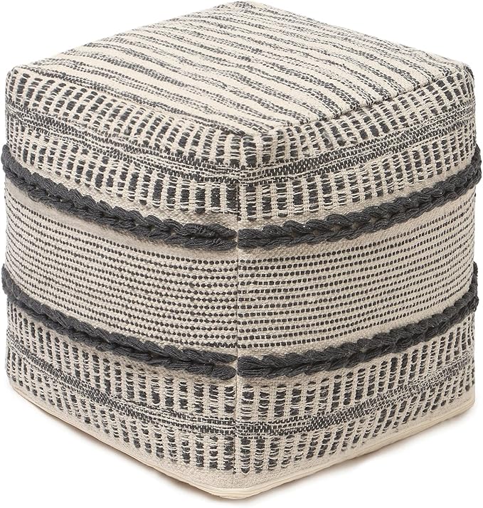 REDEARTH · Tufted Pouf Ottoman with Filler Textured Storage Cube Bean Bag Pouffe Footrest for Living Room, Bedroom, Nursery, Kidsroom; 100% Cotton (17.5"X17.5"X17.5", Chevron Gage)-Ruum Studio Home