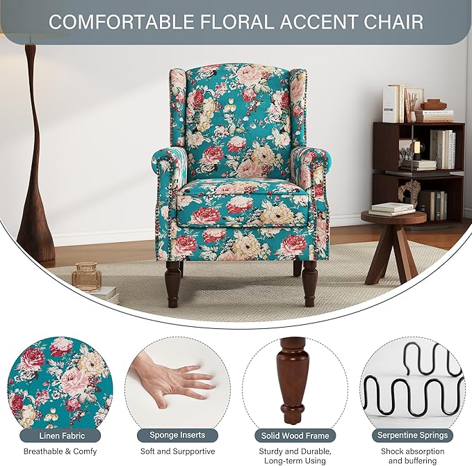 UIXE High Back Floral Accent Chair, Upholstered Armchair in Fabric, Retro Printed Wingback Arm Chair for Living Room, Nailhead Trim Single Sofa Bedroom Reading Seat - Peacock Blue-Ruum Studio Home
