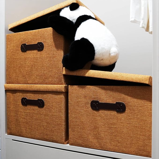 Enzk&Unity Decorative Storage Bins with Lids, Fabric Linen Foldable Storage Box with Handle Home Organizer for Shelf, Closet, Bedroom, Living Room, Office, 3 Packs, Brown-Ruum Studio Home