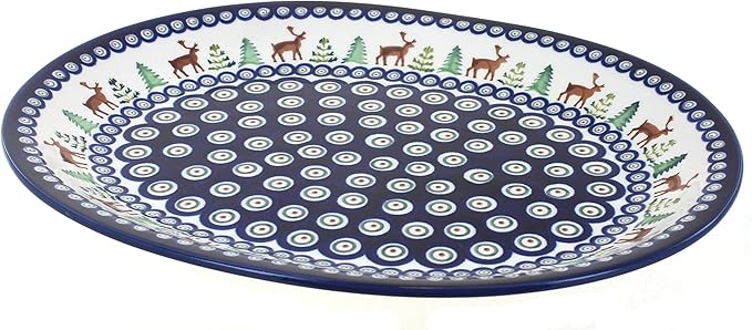 Blue Rose Polish Pottery Reindeer Pine Large Serving Platter-Ruum Studio Home