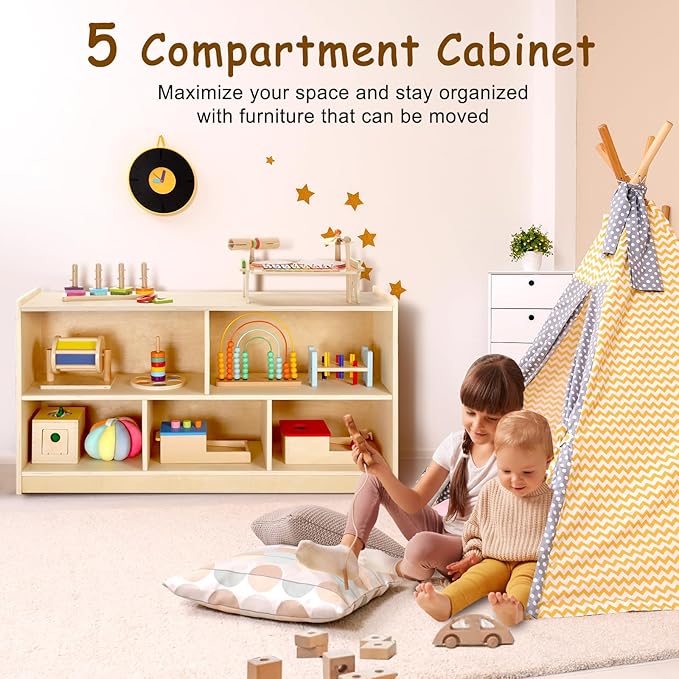 wingyz Wooden Storage Cabinet, 5-Section Montessori Bookshelf, Kids Toy Storage Organizer Book Shelf for Kids Rooms, Classroom, Playroom, Nursery, Preschool Book Shelves-Ruum Studio Home