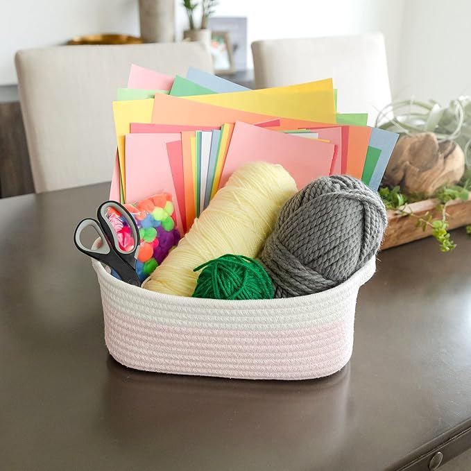 NaturalCozy 5-Piece Rectangle Storage Basket Set- Natural Cotton Rope Woven Baskets for Organizing! Small Basket for Montessori, Baby Nursery, Dog Toy Baskets, Cat Toy Box, Bathroom Organization Bin-Ruum Studio Home