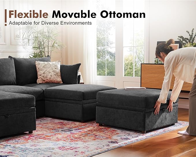 Luxury Modular Sectional Sofa, L-Shaped 3-Seat Couch with Storage Ottoman Deep Seat & Reversible Chaise Lounge Chenille Black for Compact Spaces, Apartments, Dorm-Ruum Studio Home