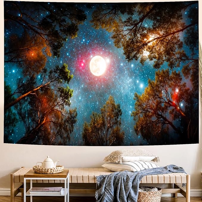 Delur Forest Tapestry Galaxy Moon Stars Night Space Starry Sky Wall Hanging Tapestry Aesthetic Tree Nature Landscape Psychedelic Headboard for Bedroom Living Room Home Decor (59.1" x 78.7")-Ruum Studio Home