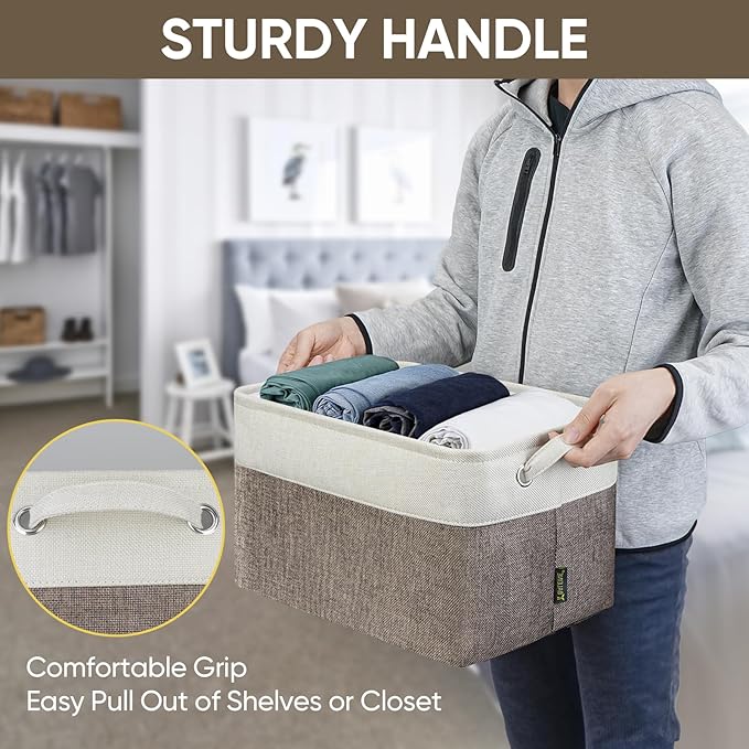 BALEINE 3 Pack Fabric Storage Bins for Shelves, Linen Storage Baskets for Organizing, Decorative Closet Bins for Clothes, Home (Brown, 15"x11"x9.5") ﻿-Ruum Studio Home