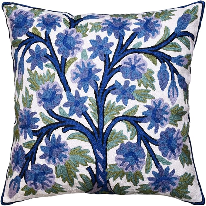 Blue Tree of Life Pillow Cover Indigo Plant Floral Pillowcase Needlepoint Botanical Flower Suzani Cushions Traditional Boho Modern Floral Cushion Wool Size - 18x18-Ruum Studio Home
