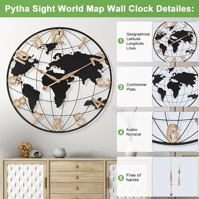 30 Inch Extra Giant Large Wall Clock Oversized,Black Big Metal Modern Decorative Silent World Map Wall Clock with Vintage Gold Arabic Numeral for Office,Living Room,Kitchen,Dining Room Decor-Ruum Studio Home