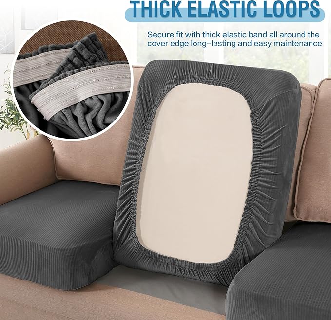 H.VERSAILTEX Velvet Stretch Couch Cushion Cover Plush Cushion Slipcover for Chair Loveseat Sofa Cushion Furniture Protector Seat Cushion Sofa Cover (2 Piece Large Sofa Cushion Covers, Grey Striped)-Ruum Studio Home