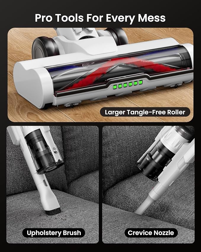 Cordless Vacuum Cleaner for Home, Upgraded 60Kpa Powerful Suction Pet Hair Vacuum with 70min Runtime, Green LED Light for Hardwood Floors & Carpet, Self-Standing Rechargeable Stick Vacuum, White-Ruum Studio Home