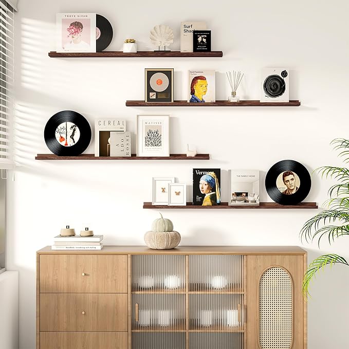 Picture Ledge Shelf for Wall, Floating Shelves Set of 4, 48 Inch Long Nursery Book Shelves for Toys Storage, Kids Bookshelf Wall Mounted for Books Photo Frames, Walnut-Ruum Studio Home
