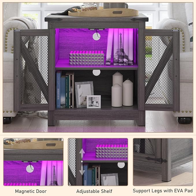 Farmhouse End Table, 24" Large Sofa Side Table with Charging Station, Mesh Barn Door, and Adjustable Storage Shelf, Rustic Wood Square Nightstand for Living Room, Bedroom, Office, Grey-Ruum Studio Home