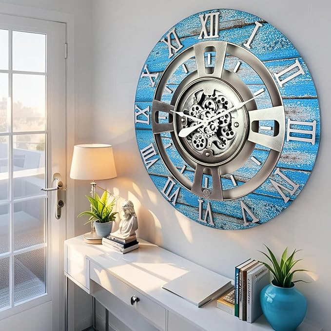 The Gears Clock Real Moving Gear Wall Clock England Line (Ocean Blue, 24 inches (60 cm))-Ruum Studio Home