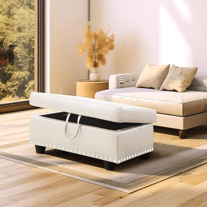 Ottoman Rectangular Storage Ottoman Bench, Faux Leather Footrest, Coffee Table, Stool Footstool with Hinged Lid for Living Room, Bedroom, Entryway, White, 28.5"x19"x17.5"-Ruum Studio Home