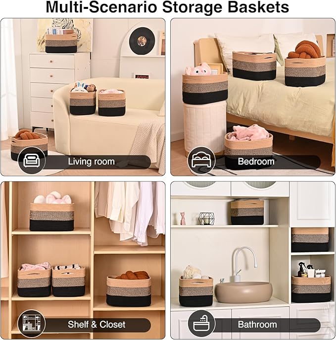 Storage Baskets for Shelves Organizing, Woven Cotton Rope Baskets for Storage, Book Basket, Towel Basket, 12.5"Lx9.1''Wx7.9''H (4 Packs) Gradient Black & Jute-Ruum Studio Home