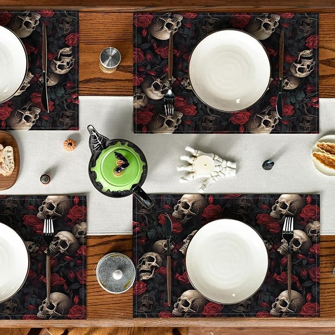 Halloween Skull Rose Placemats, Washable Heat Resistant 12×18 Inch Table Mats Floral Place Mats for Party Outdoor Decoration Kitchen Dining Décor-Ruum Studio Home