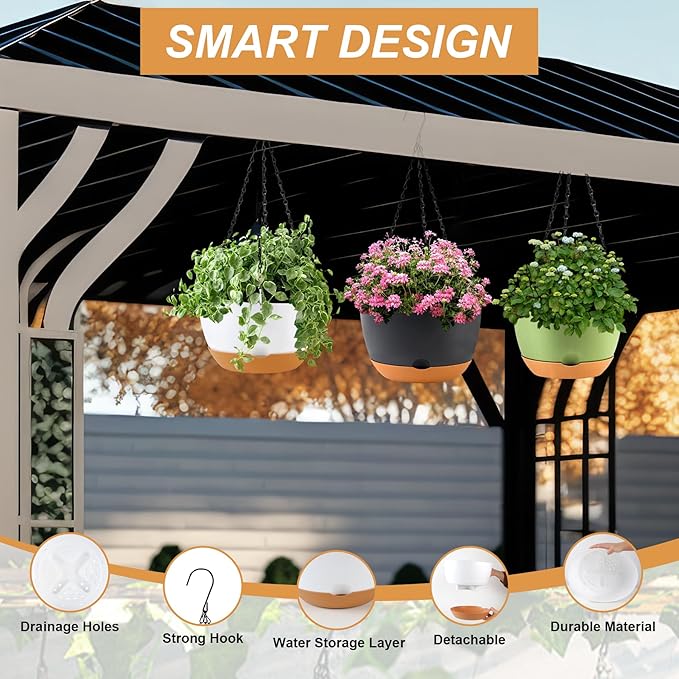 8/10/12 inch Hanging Planters for Indoor Outdoor Plants with Self-Watering Pots, 3 Pack Plastic Hanging Basket with Removable Tray for Home Garden Porch Balcony Patio Decor(White)-Ruum Studio Home