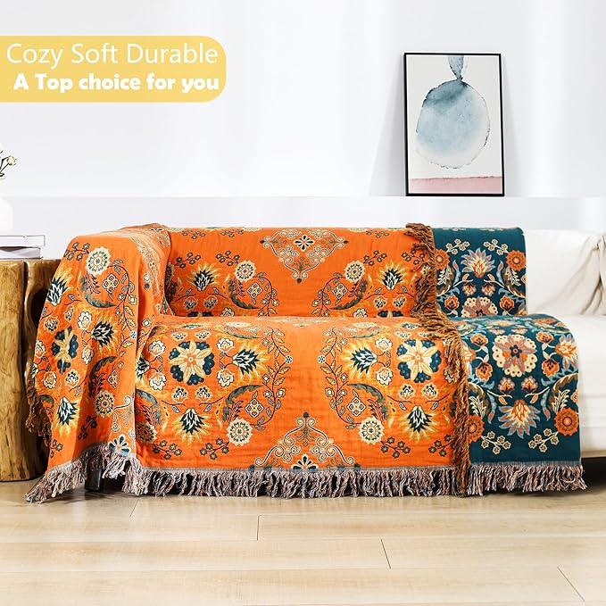 Boho Large Throw Blanket, 100% Organic Cotton Breathable Soft Bed Throw - Floral Farmhouse Decor Blanket for Sofa Couch Chair and Gift. 91" x 98"- Orange-Ruum Studio Home
