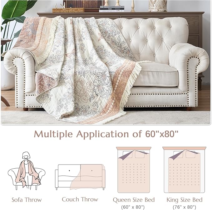 JINCHAN Boho Floral 100% Cotton Blanket 4-Layer Throw Blanket with Tassel Taupe and White Flower Butterfly Soft Luxury Rustic Farmhouse Decor Blanket for Couch Bed 60x80 inch All Season gift for women-Ruum Studio Home