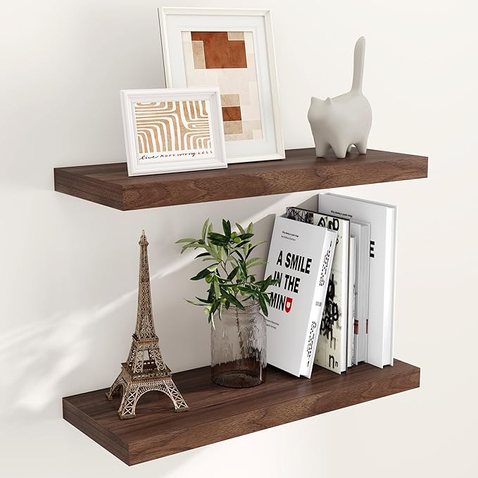 24 x 9 Floating Shelves, 9 Inch Deep Floating Shelf Wall Mounted, 24 Inch Bathroom Shelves Set of 2, Rustic Wood Wall Shelf for Bedroom, Living Room, Walnut Color-Ruum Studio Home