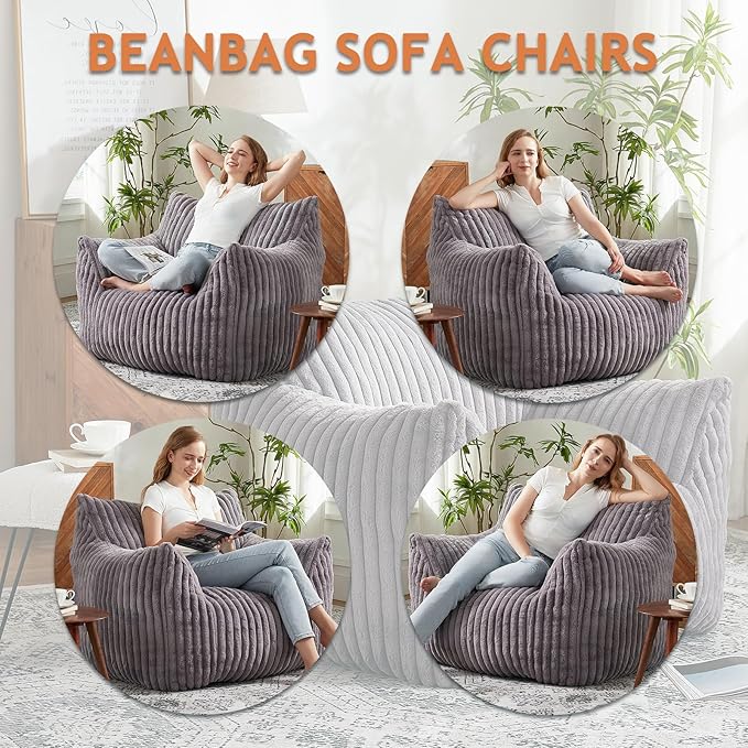Giant Bean Bag Chairs for Adults with Filling Plush Fluffy Bean Bag Chairs for Teens with Armrests Comfy BeanBag Lazy Couch Sofa Chair for Bedroom Living Room Reading-Ruum Studio Home