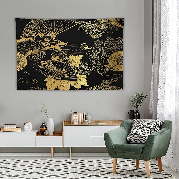 HZOHNAGO Japanese Tapestry Gold Flowers Umbrella Fan Pattern Printed Wall Tapestry Painting Wall Hanging for Bedroom Living Room Dorm 90" W x 60" H-Ruum Studio Home