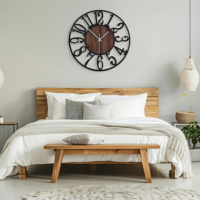 Maxstar Round Wall Clock for Living Room Decor Battery Operated Non Ticking Silent Vintage Black Metal Wood Clocks for Home Living Room Garden Farmhouse Office Kitchen Decoration -13 inch-Ruum Studio Home