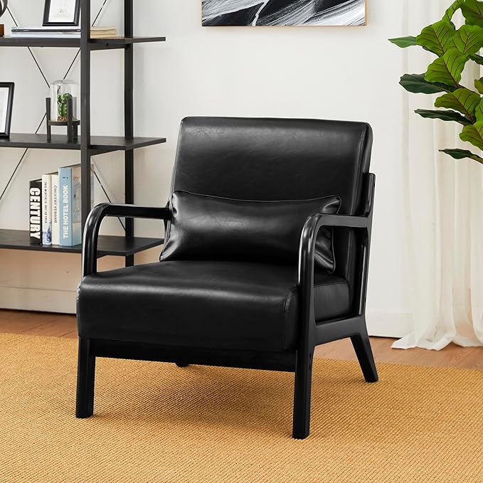 Glitzhome Accent Armchair with Walnut Ruberwood Frame, Black PU Leather Lounge Chair for Living Room-Ruum Studio Home