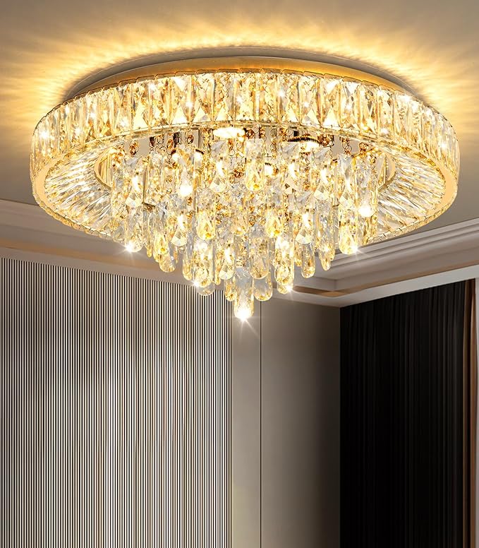 23.6'' Modern Crystal Chandeliers LED Dimmable Flush Mount Ceiling Chandeliers for Living Room Entrance Foyer Bedroom Gold-Ruum Studio Home