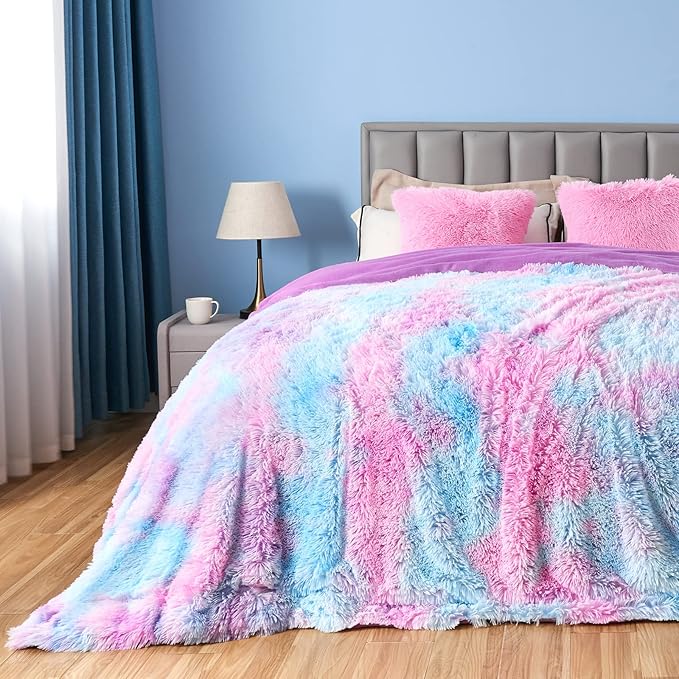 GONAAP Fuzzy Faux Fur Throw Blanket Queen Size Purple Rainbow Super Soft Cozy Plush Fuzzy Shaggy Blanket for Couch Sofa Bed (Purple Rainbow, Queen(90"x90"))-Ruum Studio Home