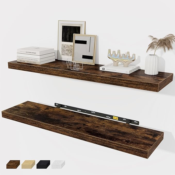 Fun Memories 36 x 8 Inch Floating Shelves for Wall, Farmhouse Bathroom Shelves Set of 2, Wood Wall Shelves 36 Inch Long, 36 x 8 x 1.4 Inch, Rustic Brown-Ruum Studio Home